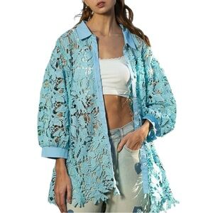 145. Women's Pure Sky Lace Crochet Balloon Sleeve Button Down Shirt NWT
